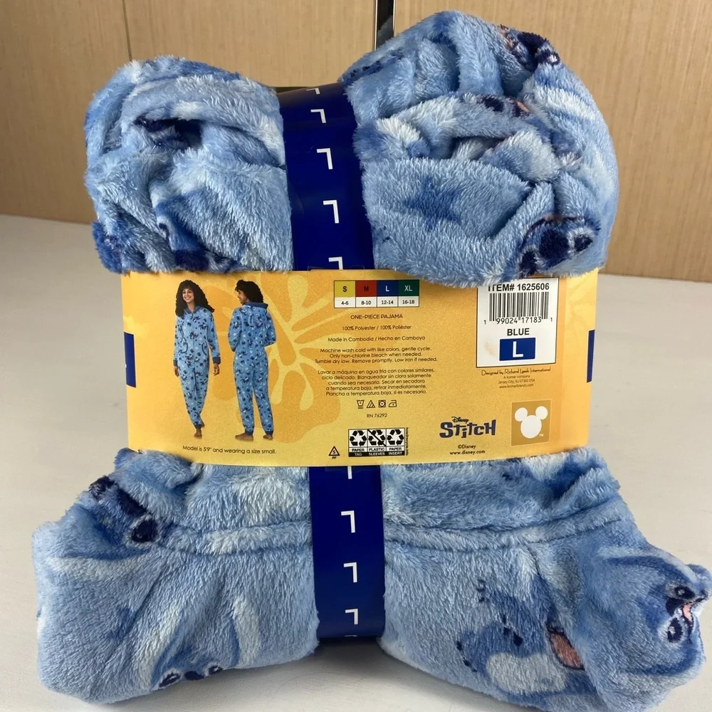 Disney Stitch One Piece Pajama Women’s Large Blue Plush Hooded Onesie NWT - Picture 3 of 7